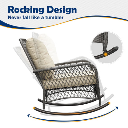 ELPOSUN 3-Piece Outdoor Rocking Chairs, Wicker Patio Furniture with Thickened Cushions and Table for Porch