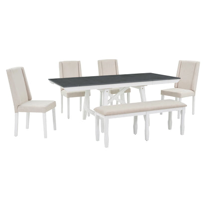 6 Piece Extendable Dining Table Set, Atumon Wood Dining Room Set for 6, Dining Table Set with 4 Beige Cushioned Chairs and Bench, Farmhouse Dining Table Set Furniture for Kitchen Dining Room, Natural