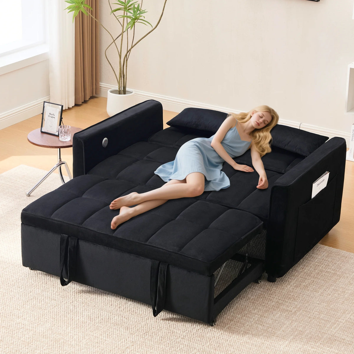 Velvet 3-in-1 Convertible Sofa Bed �C USB Charging, Adjustable Backrest Pull-Out Couch Loveseat Sleeper for Living Room, Apartment & Small Space,Black