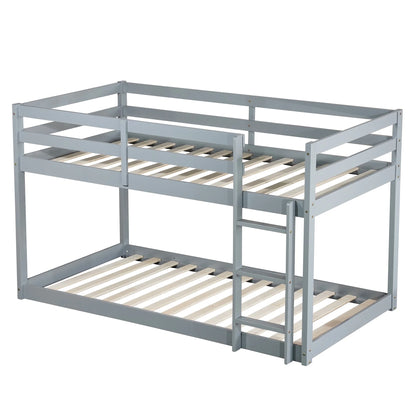 Twin Over Twin Floor Bunk Bed, UHOMEPRO Solid Wood Low Bunk Bed with Safety Rail, Ladder, Heavy Duty Bunk Beds, Space-Saving Bedroom Dorm Furniture, Gray