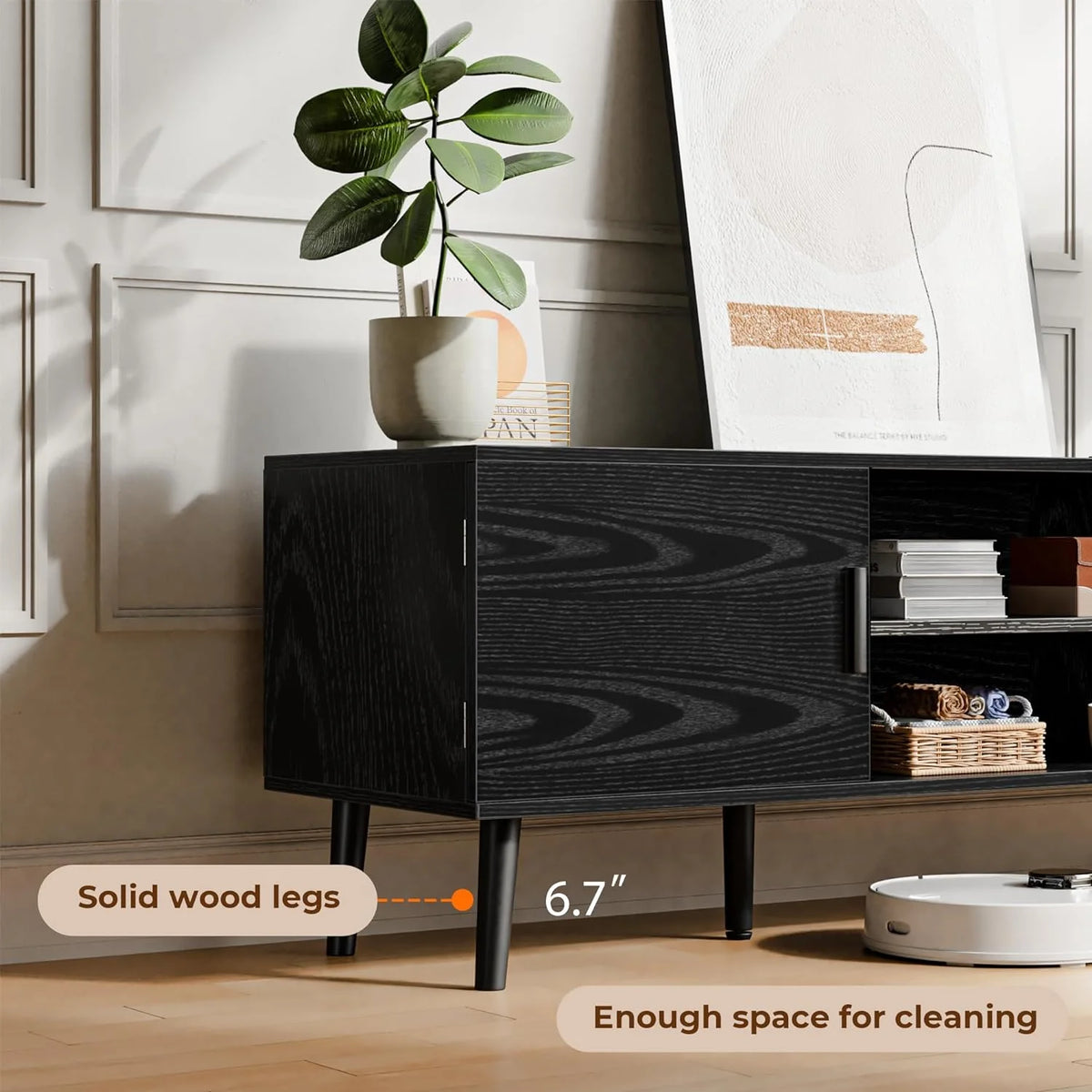 LL TV Stand for 55 Inch TV, Entertainment Center with Adjustable Shelf, 2 Cabinets, TV Console Table, Media Console, Solid Wood Feet, Cord Holes, for Living Room, Bedroom, White