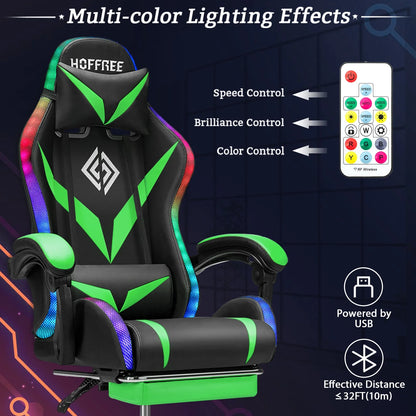 Hoffree Gaming Chair with Speakers PU Leather Office Chair with Footrest and LED Lights Ergonomic Gamer Chair with Massage Lumbar Support and Headrest Adjustable Swivel for Home Office 300lb