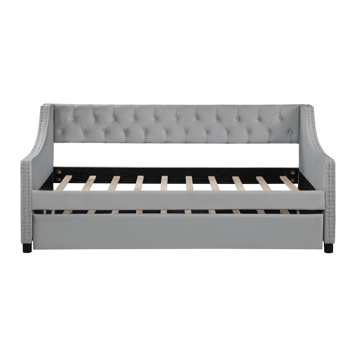 Daybed with Trundle, Twin Size Velvet Upholstered Daybed Frame with Tufted Button Back & Copper Nail on Arms, Wood Sofa Bed Frame for Living Room Bedroom, No Box Spring Needed, Grey