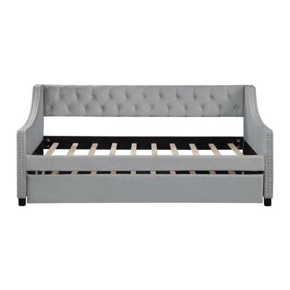 Daybed with Trundle, Twin Size Velvet Upholstered Daybed Frame with Tufted Button Back & Copper Nail on Arms, Wood Sofa Bed Frame for Living Room Bedroom, No Box Spring Needed, Grey