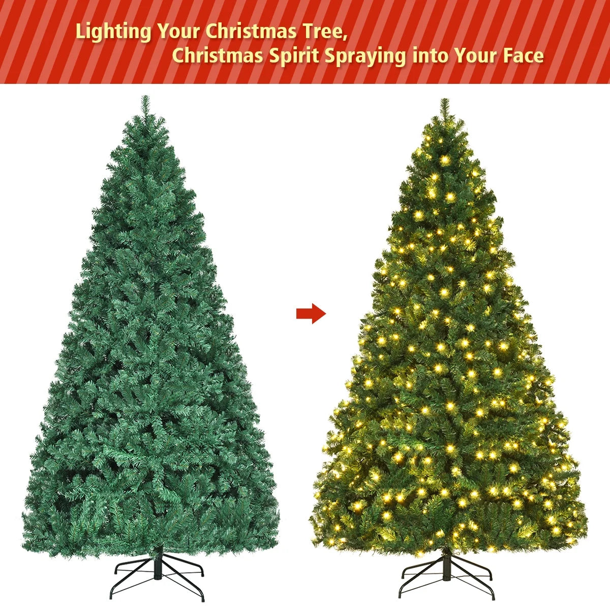 Costway 7Ft Pre-Lit PVC Hinged Christmas Tree 300 LED Lights Green