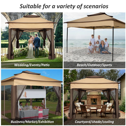 COBIZI 12x12 Outdoor Gazebo Pop Up Gazebo Canopy with Mosquito Netting Patio Tent Backyard Canopy with 2-Tiered Vented Top 3 Adjustable Height, Beige