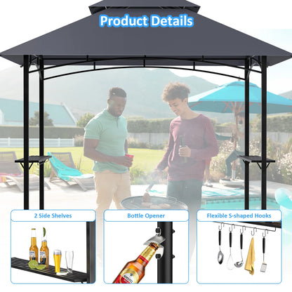 GVDV 8'x 5' Grill Gazebo Canopy, Outdoor BBQ Gazebo Shelter with 2 Side Shelves & Double-Tiered Top