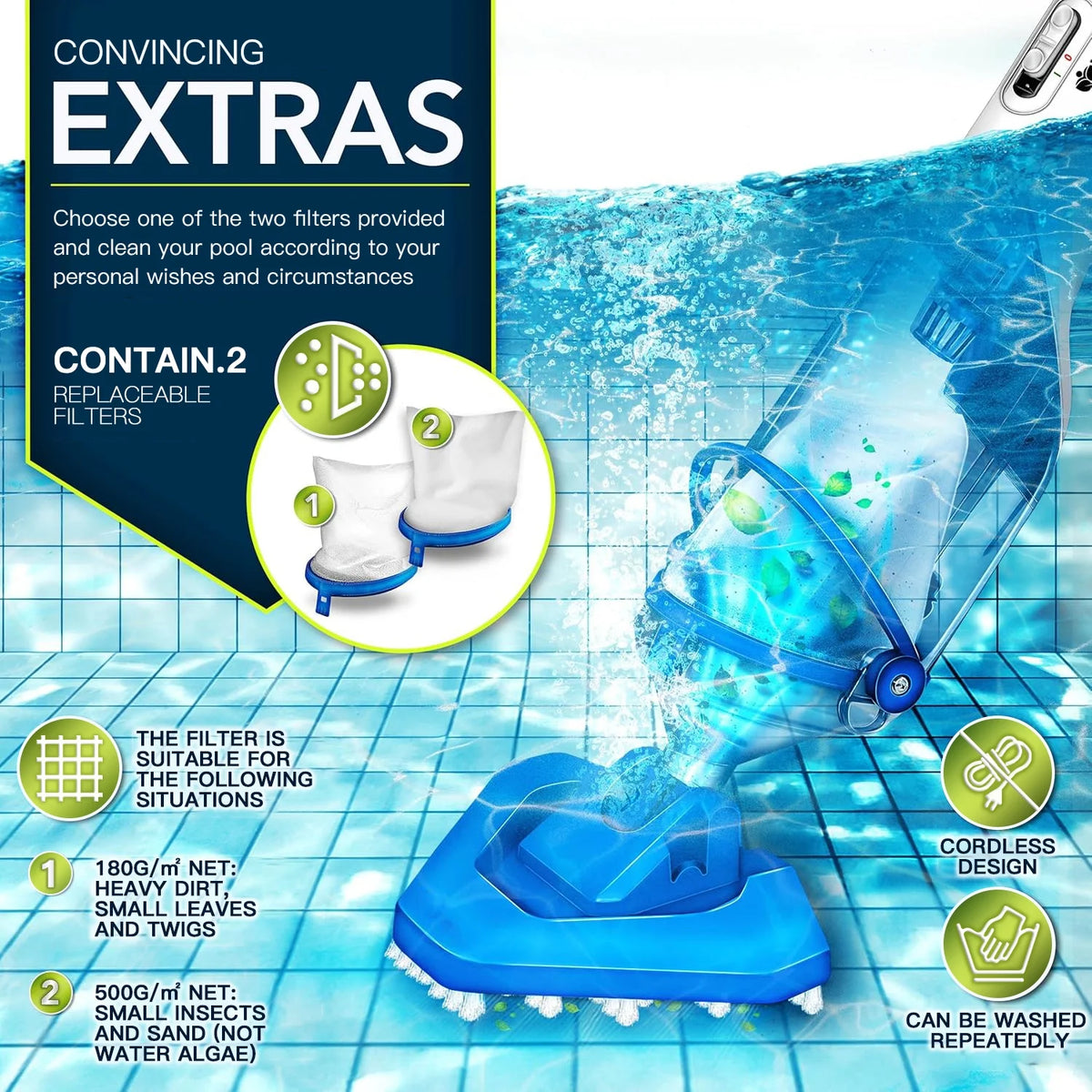 LANCHEZ Cordless Pool Vacuum with Strong Suction, Handheld Rechargeable Swimming Pool Cleaner with Powerful Suction up to 17.5 GPM for Inground and Above Ground Pools, Hot Tubs