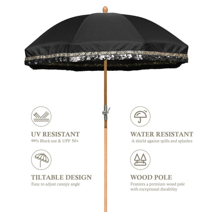LAGarden 6 Ft Fringe Patio Umbrella with Tassel Jazz Age Wood UPF50+ for Outdoor, Beige with gold tassel,Model: JZ6-01