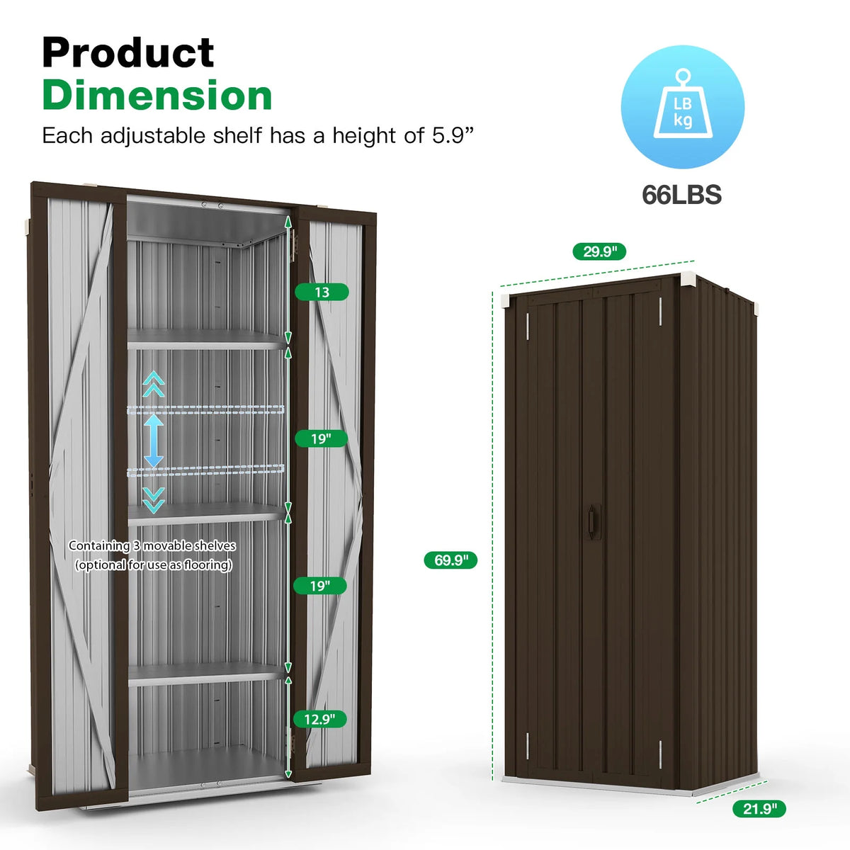 AECOJOY Outdoor Storage Cabinet Waterproof with Adjustable Shelves, Lockable Metal Outdoor Garden Storage Sheds Organizer in Brown, Versatile for Garage, Backyard, or Indoor Use