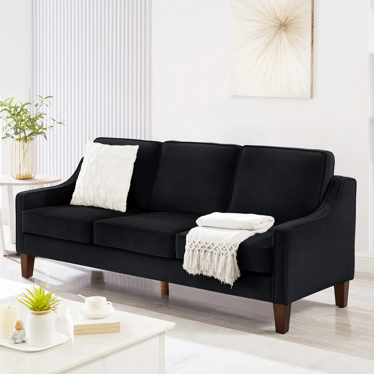 Living Room Sofas Modern 3 Person seat Sofa Couch with Scooped Armrest/Wood legs,Upholstered Velvet 3-seat Sofa with Removable Cushions for Livingroom Bedroom,Black,Comfortable Sofas