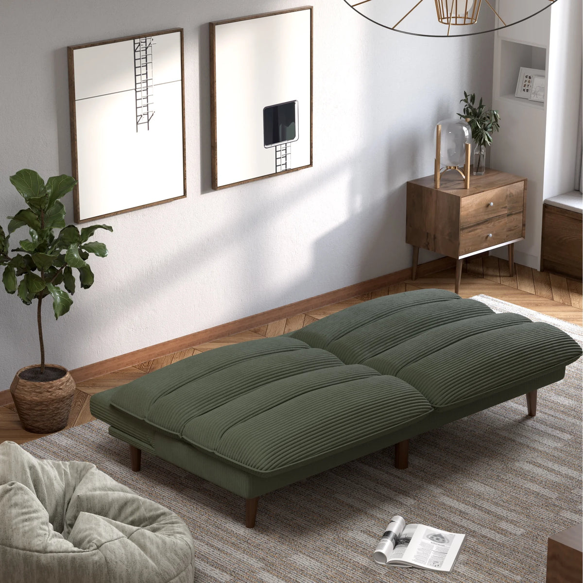 Homall Futon sofa, Two Seat Adjustable Sofa, Corduroy Fabric, Upholstered Sofa, Sofa Changeable into Bed, Leisure Reading and Games, Green