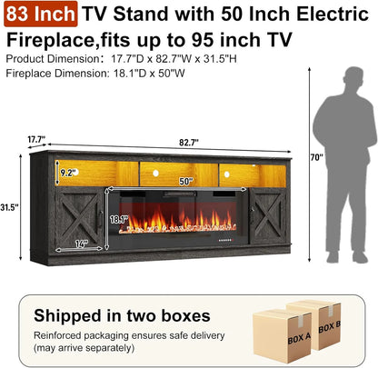 ChVans 70" Fireplace TV Stand for TVs up to 80" with 36" Electric Fireplace, Farmhouse Entertainment Center with LED, Wooden Media Console for Living Room, Bedroom