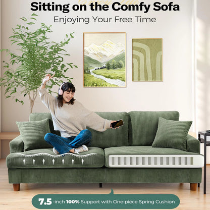 87" Corduroy Sofa,3 Seater Sofa with Extra Deep Seats,Neche Comfy Upholstered Couch for Living Room,2 Pillows,Green