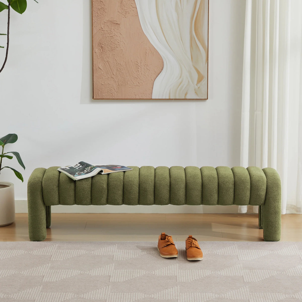 Zesthouse 63�� End of Bed Bench, Linen Tufted Upholstered Ottoman Bench with Padded Seat and Solid Wood Leg, Modern Entryway Bench for Bedroom, Living Room, Beige
