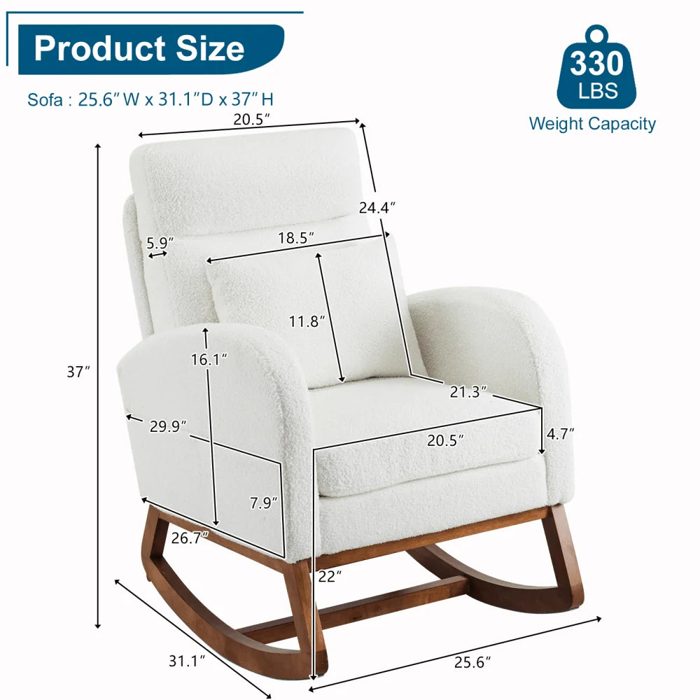 Hassch Upholstered Rocking Chair, Linen Fabric Glider Rocker with High Back, Accent Chair with Solid Wood Base, Reading Chair with Side Pocket for Living Room Bedroom Balcony, Gray