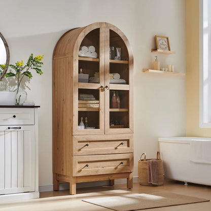 IFGET 71-Inch Arched 4-Tier Bookcase with Glass Doors and Drawers