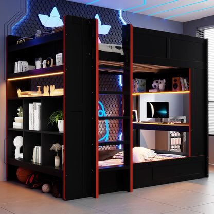 Euroco Wood Full Size Loft Bed with Desk and Shelves, Gaming Bunk Bed with LED Light and USB Charging, Black