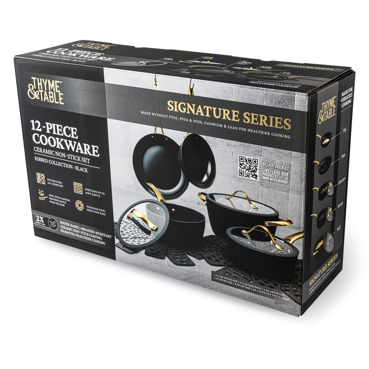 Thyme & Table 12-Piece Nonstick Signature Ribbed Cookware Set, Pots and Pans Set - Black & Gold