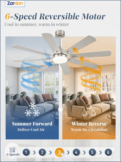 Zardon 62" Black Modern Ceiling Fan with Light and Remote Control, Reversible Quiet DC Motor, Bright LED Light, 6-Speed, Timer for Bedroom, Living Room