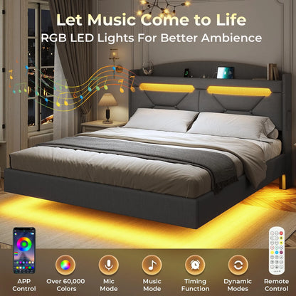 King Size Bed Frame with Storage Headboard and LED Lights,Upholstered Platform Bed with USB Port Charging,Headboard with Shelves Hidden Storage,Noise-Free,Dark Grey