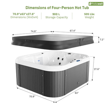 Patiowell 2 Person Home Spa Hot Tub for Outdoor, with 41pcs Massage Jets, LED lighting, Built-In Water Purification System, 900L, Black