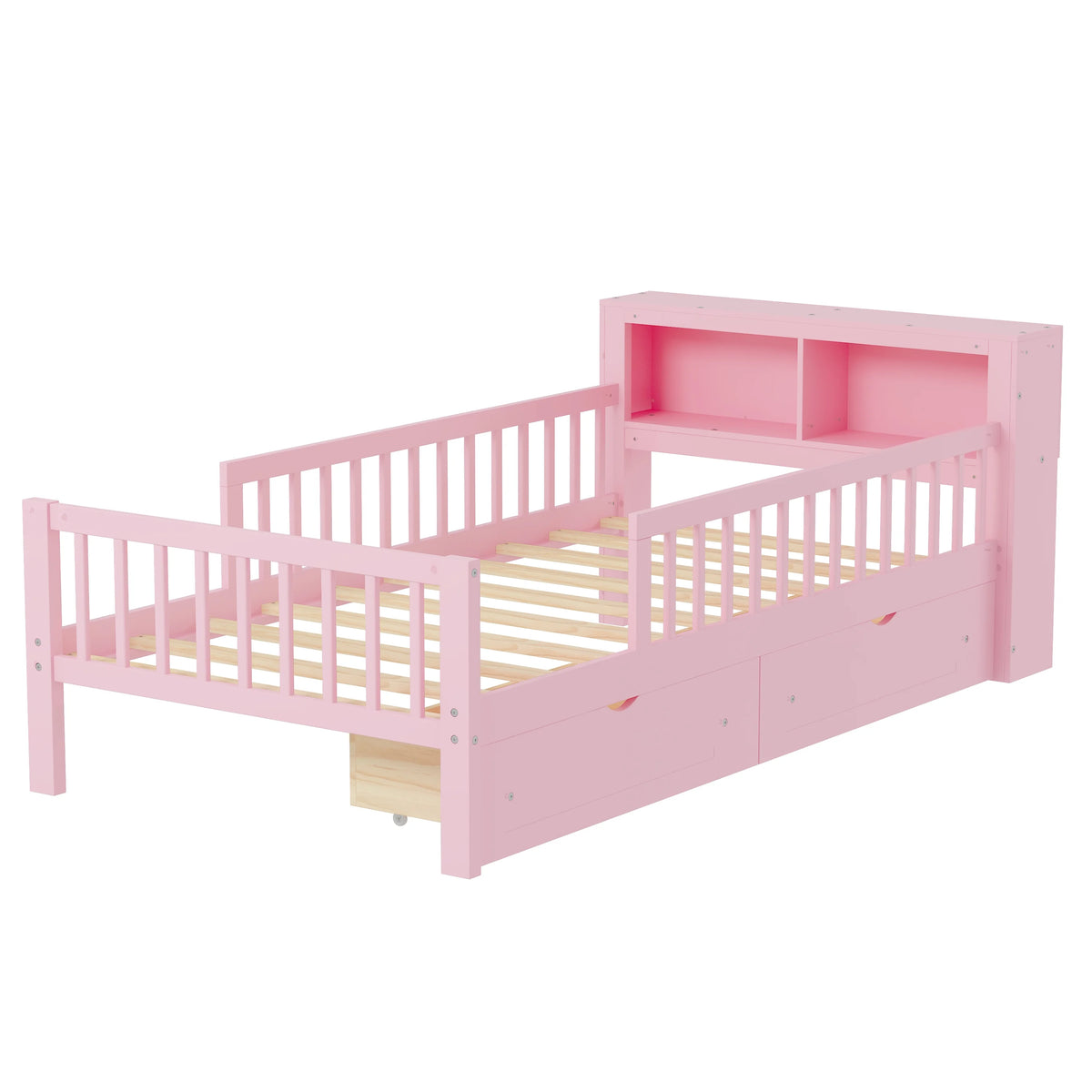 Euroco Wood Twin Size Platform Bed with Storage Headboard and Drawers, Low Profile Bed with Guardrails for Kids and Toddlers, White