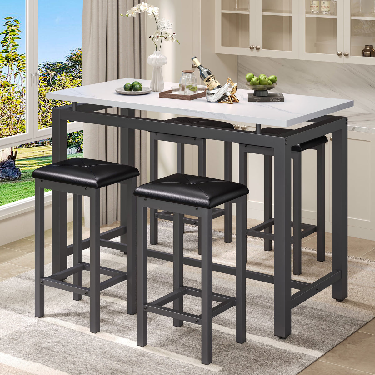 Counter Height Table Set of 5, Breakfast Bar Table and Stool Set, Minimalist Dining Table with Backless Stools, Wood Top Pub Table & Chair Set for Kitchen Apartment Bistro - Space Saving