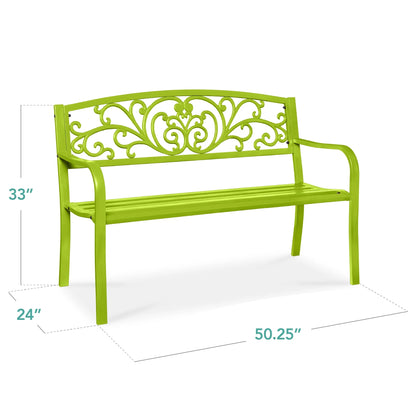 Best Choice Products Outdoor Steel Bench Garden Patio Porch Furniture w/ Floral Design Backrest - Black