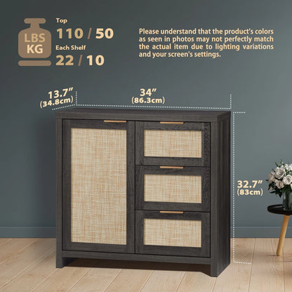 ARKANTOS Sideboards and Buffets, Boho Storage Cabinets with Rattan Doors and Drawers, Natural Oak