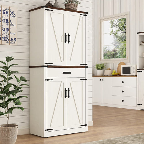 72" Tall Farmhouse Kitchen Pantry Cabinet w/1 Drawer & 4 Roomy Storage Shelves, Versatile Wood Storage Cabinet with 4 Barn Door & Adjustable Shelves &  for Dining Room Bathroom Utility Room