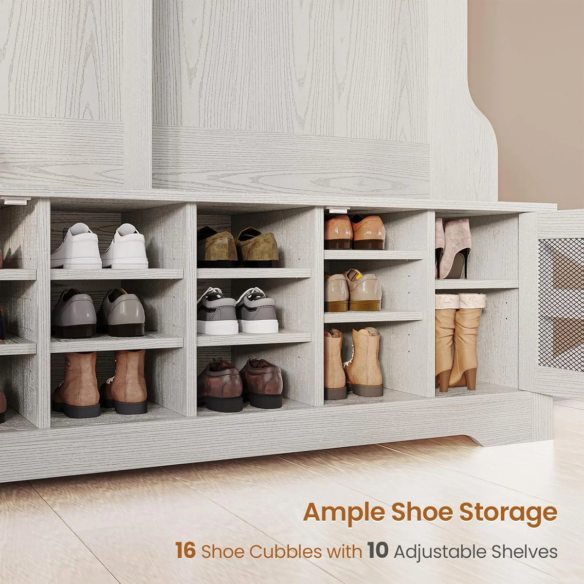 Hall Tree with Coat Rack and 16 Shoe Cubbies, 5-in-1 Entryway Bench with Bench and Shoe Storage, Barn Door & Adjustable Shelf, Embossed White