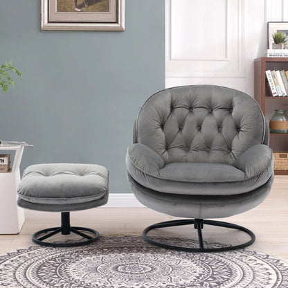 Swivel Accent Chair with Ottoman, Velvet Accent chair with Footrest, Mid-Century Modern Lounge Chair and Ottoman Set, Reading Chair for Living Room, Bedroom, Reading Room, Home Office, Blue