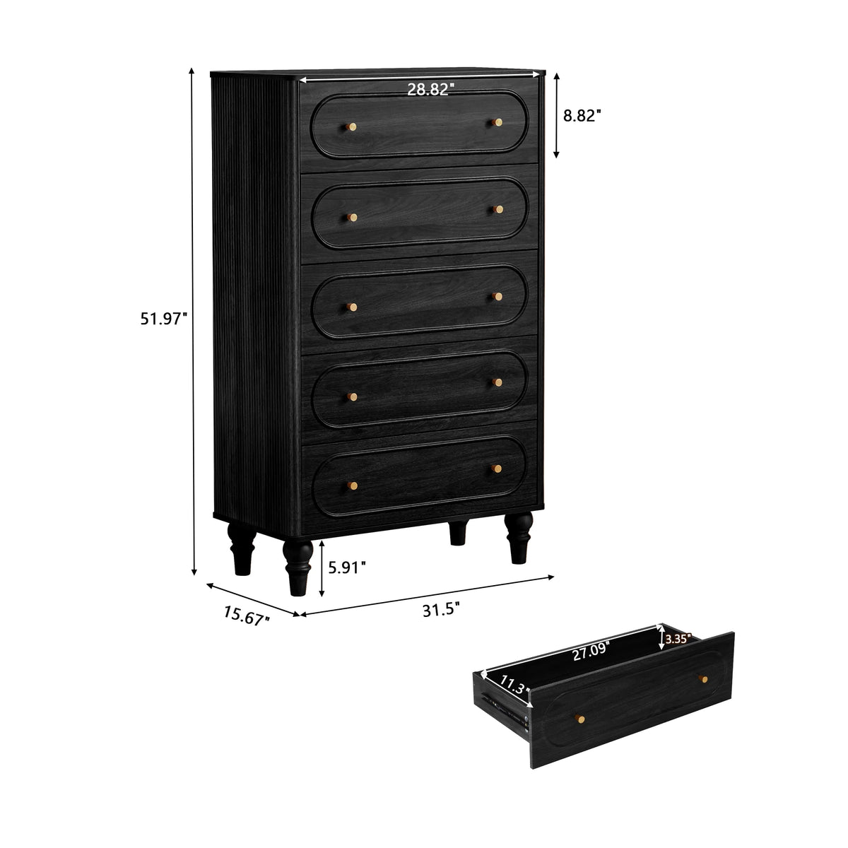 YOCWO 3 Drawer Nightstand, Classic Chest of Drawers with Arc Edge, Walnut