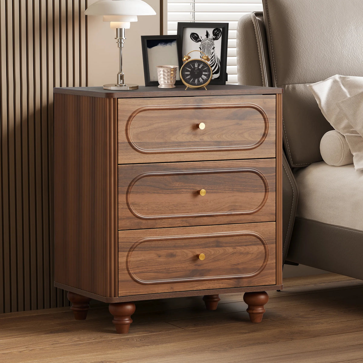 YOCWO 3 Drawer Nightstand, Classic Chest of Drawers with Arc Edge, Walnut