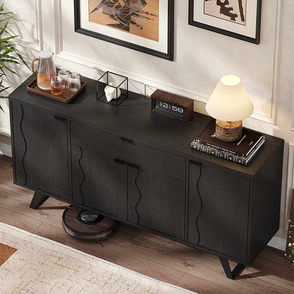 63" Sideboard Buffet Cabinet, Kitchen Buffet Storage Cabinet, Mid Century Modern Storage Cabinet with 4 Doors & Shelves, Wood Coffee Bar Console Wine Bar for Living Room, Kitchen,Hallway,Black