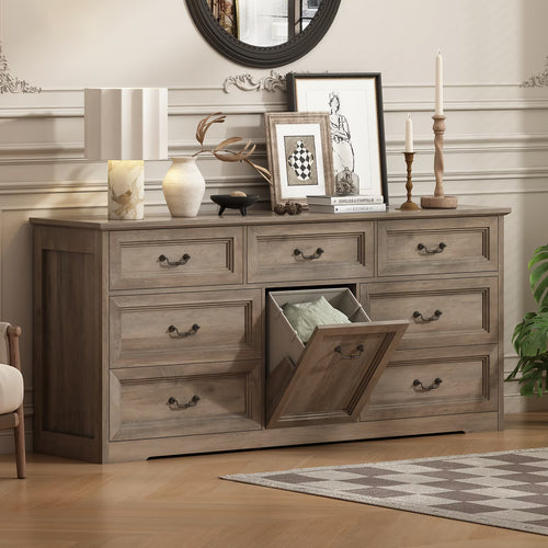 63" Wide Farmhouse 7-Drawer Dresser with 2 Laundry Hamper for Bedroom,Chest of Drawers, Gray Finish, Vintage Black Handles, Living Room Storage Cabinet,Gray
