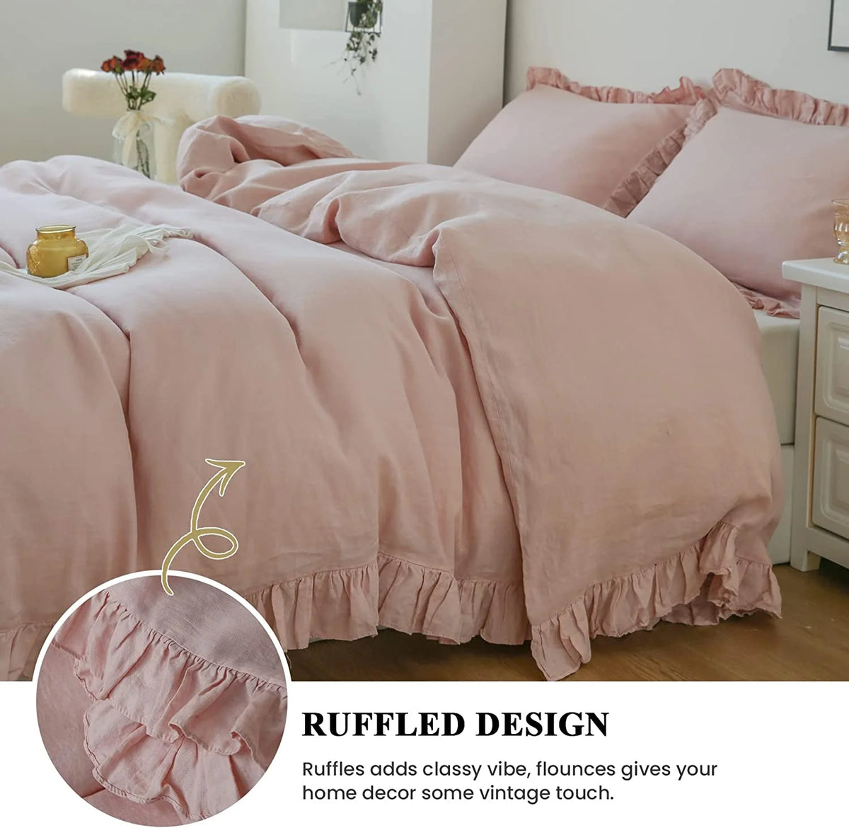 Simple&Opulence 100% Washed Linen Duvet Cover Set-3 Pieces Shabby Chic Premium Ruffled Bedding with 1 Comforter Cover and 2 Pillowshams France Flax High End Frill Sets Vintage Style(King, White)