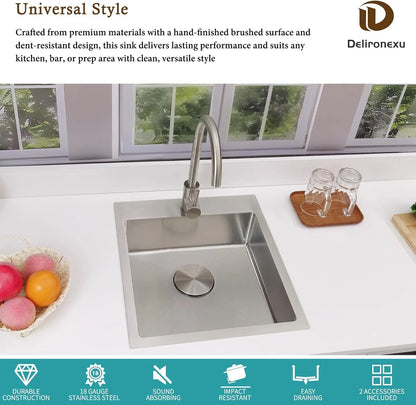 17 Inch Bar Sink Drop In �C  Small Kitchen Sink, Modern 18 Gauge Stainless Steel sink with Brushed Finish, 17"x19"x6" Single Bowl kitchen Sinks for RV, Prep, and Outdoor Use