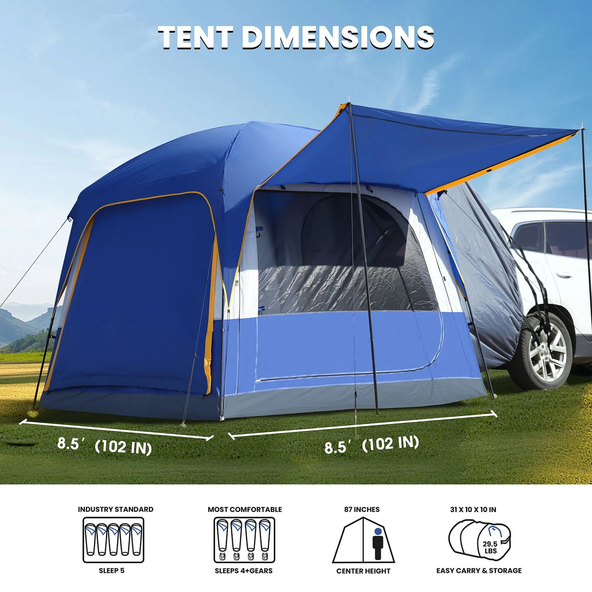 MOPHOTO SUV Tents for Camping 4 People, PU 3000mm Waterproof SUV Tent Attachment Tailgate Tent for Car Jeep Van, Spacious Space 8.2'L x 8.2'W x 7.2'H with 2 Awnings & Double Door