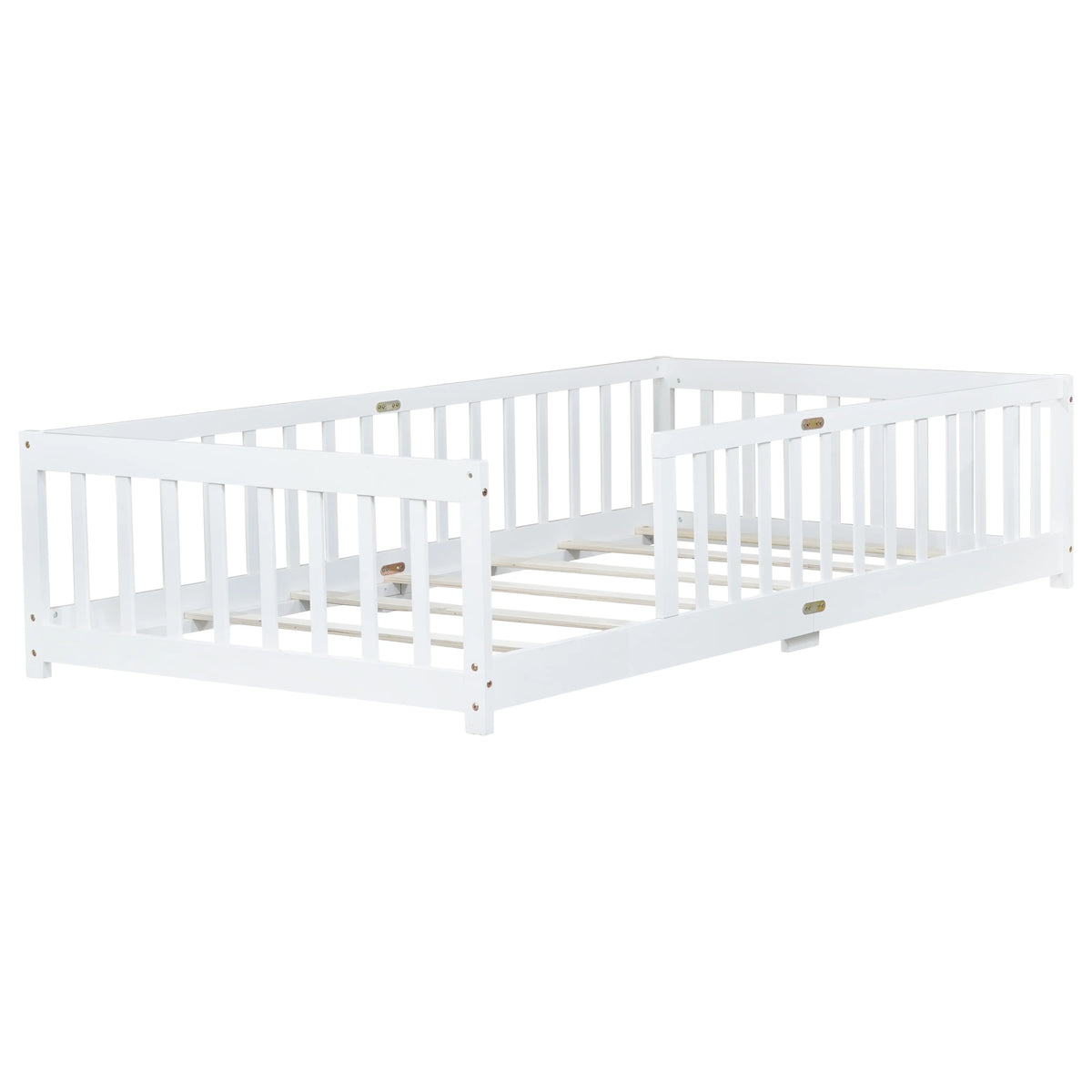 Miniyam Wooden Twin Size Floor Bed with Safety Fence for Kids, Natural