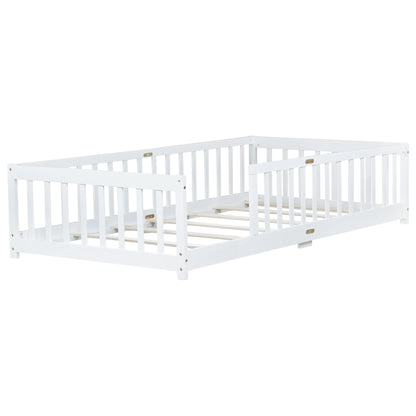 Miniyam Wooden Twin Size Floor Bed with Safety Fence for Kids, Natural