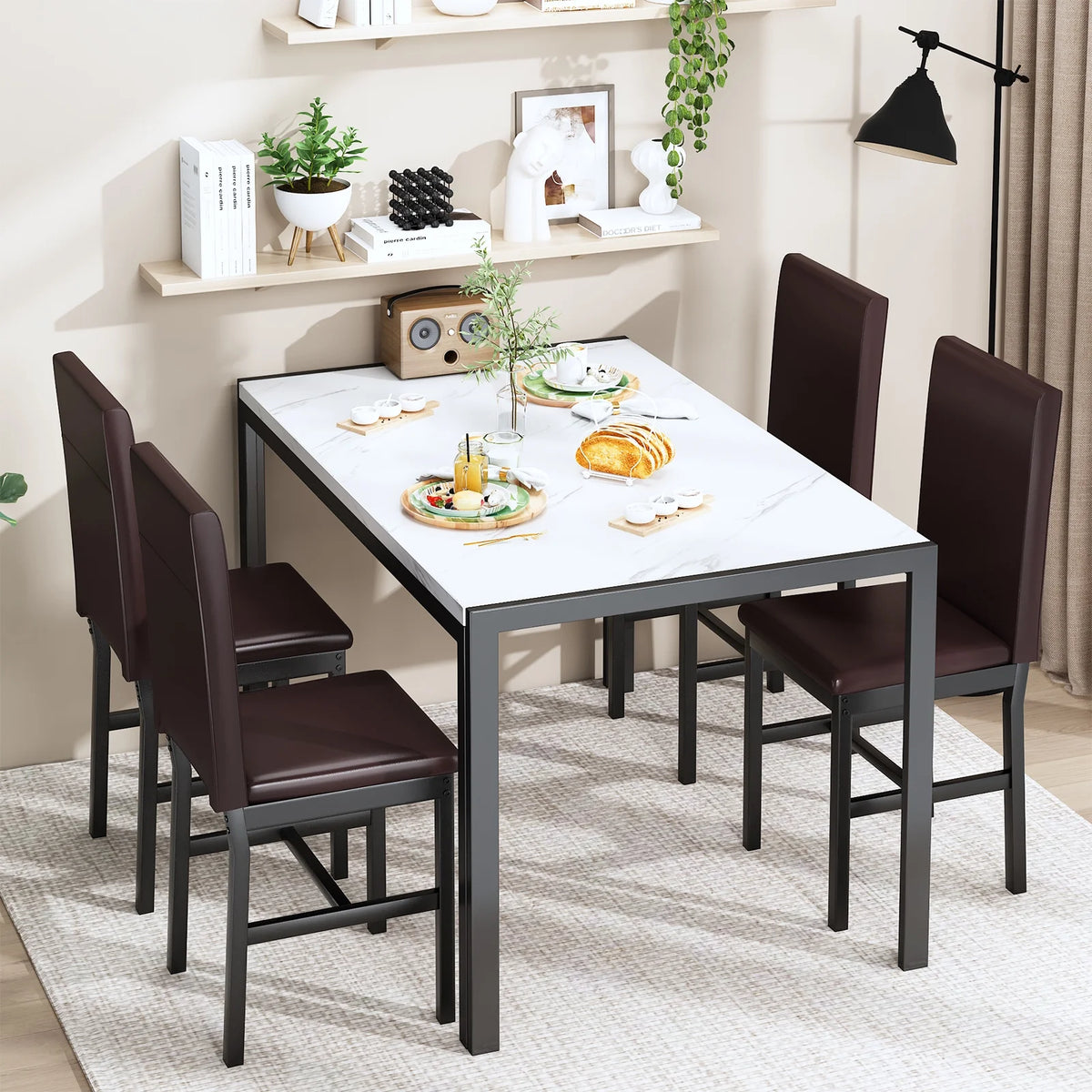 AWQM Dining Table Set of 4, Faux Marble 5 Piece Dining Room Table Set with PU Leather Chairs, Rectangular Kitchen Table Set for Apartment, Dining, White