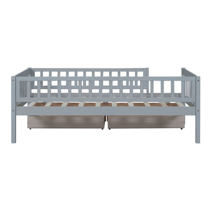 Holaki Twin Size Wood Bed with Guardrails and 2 Storage Drawers for Kids, Gray
