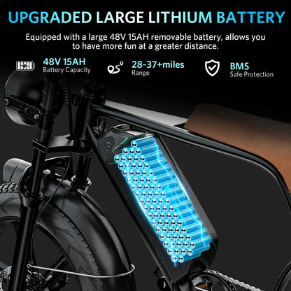 VTOKW Electric Bike for Adults,1000W Peak Motor Adult Electric Bicycle,48V 15.6Ah Battery,Up to 31MPH,20'' Fat Tire Ebike,Dual Disc Brakes Mountain Bike for Cycling,7 Speed E Bike,E-bike UL2849