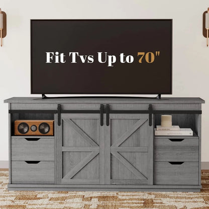 Vineego 70 inch Farmhouse TV Stand for Living Room, Entertainment Center with Sliding Barn Doors & 4 Storage Drawers, Adjustable Shelves Rustic Media Console for Bedroom,White