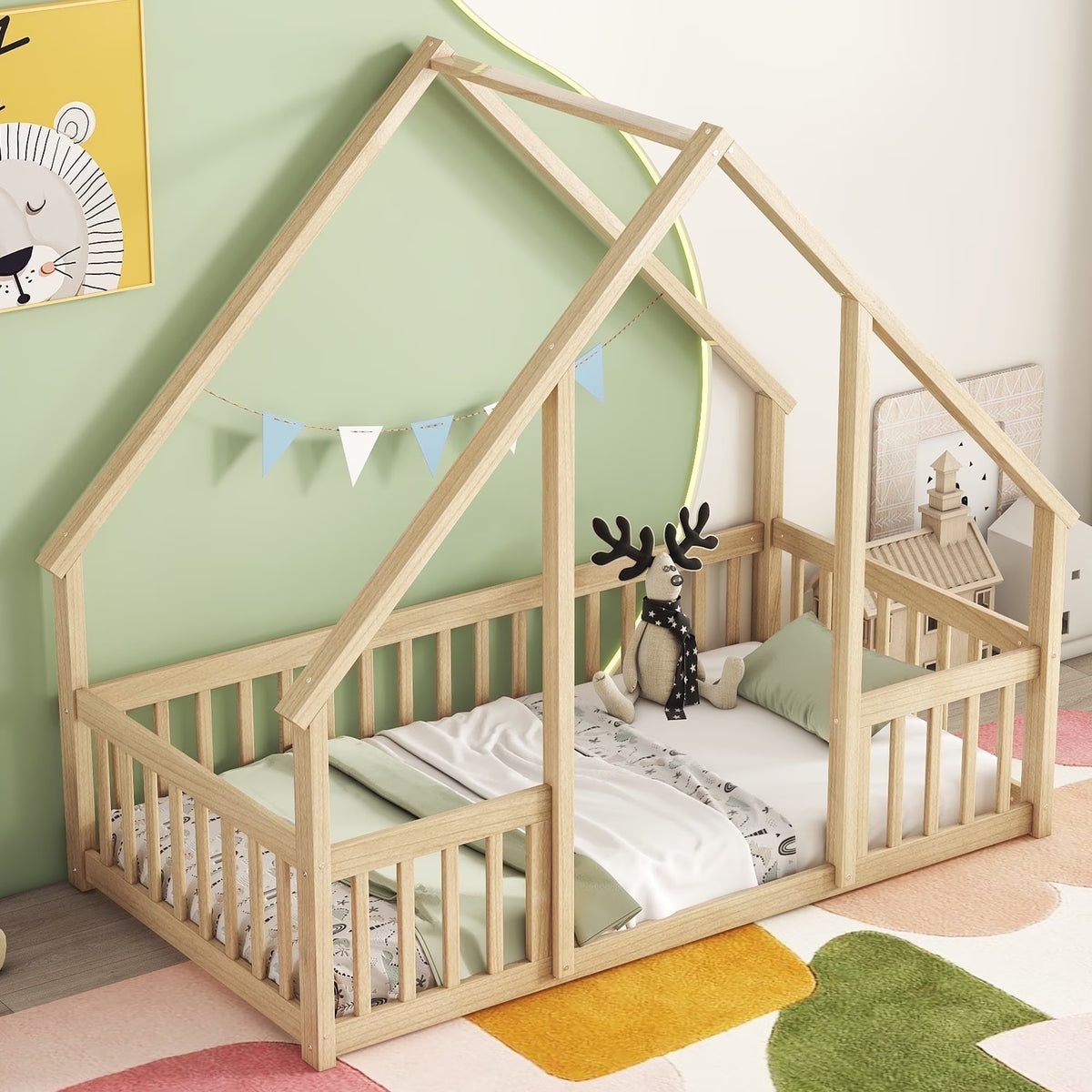 Bellemave Twin Size Floor Bed Frame, Wooden House Bed Twin Size with Fence, Montessori Bed with Guardrails for Bedroom (White)