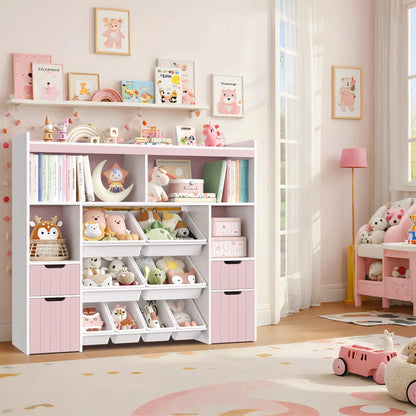Homfa Kids Toy Storage Organizer with Cubby, Kids Toy Storage Chest with Removable Drawers, Kids Bookcase for Playroom Bedroom Living Room, Gray