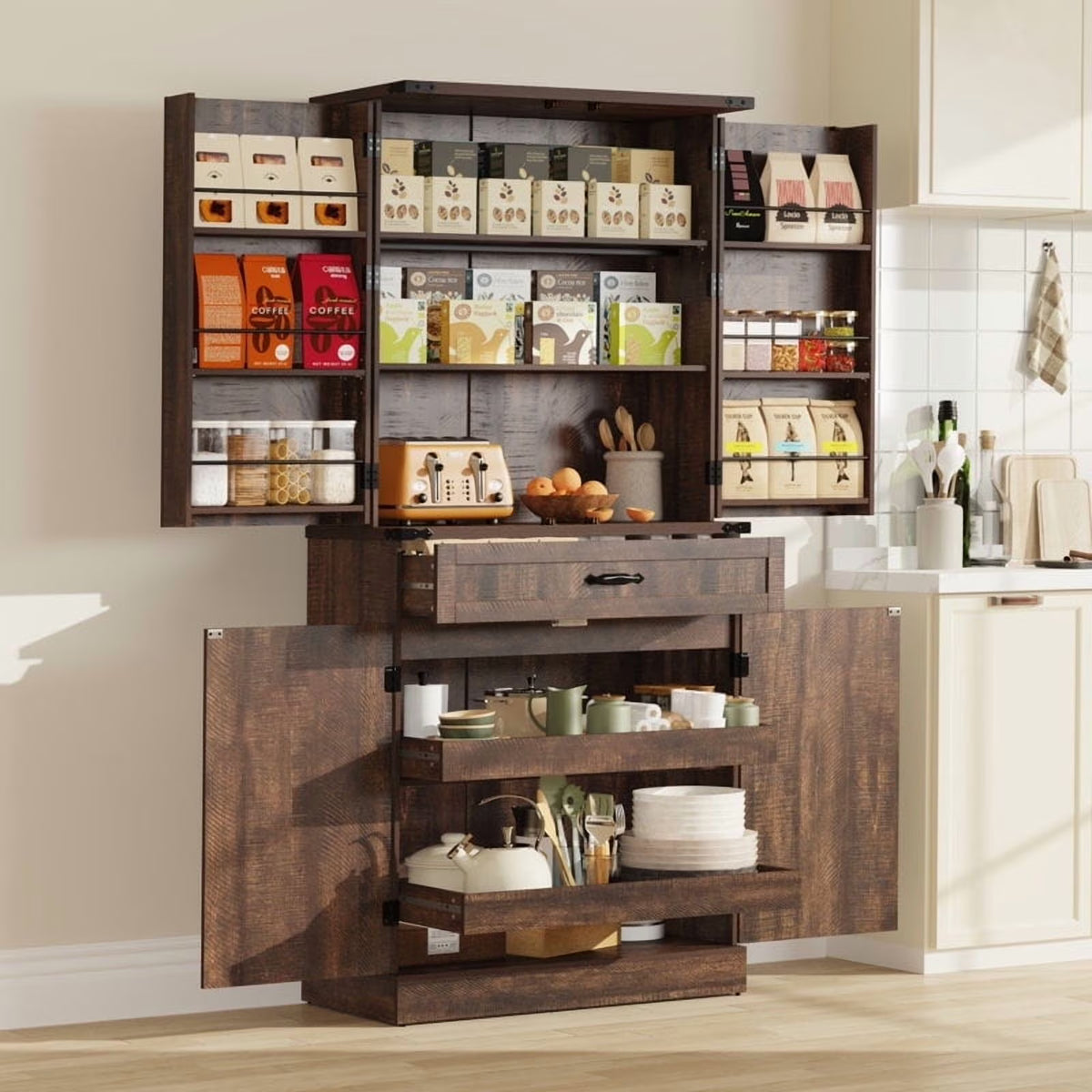 71" Tall Farmhouse Kitchen Pantry with 12 Side Shelves & Adjustable Shelves, 5 Layers Pantry Storage Cabinet w/Load-Bearing Steel Pipe & 4 Barn Doors for Kitchen, Dining Room, Living Room, Brown