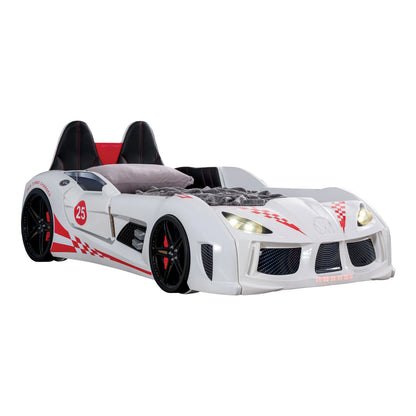 Furniture of America Dash Kids Plastic Twin Race Car Bed with LED and Sound, White
